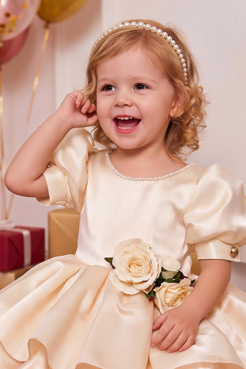 Girls Champagne Satin Puff Sleeve Mini Dress