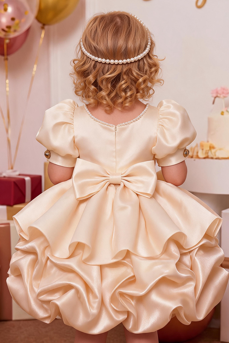 Girls Champagne Satin Puff Sleeve Mini Dress