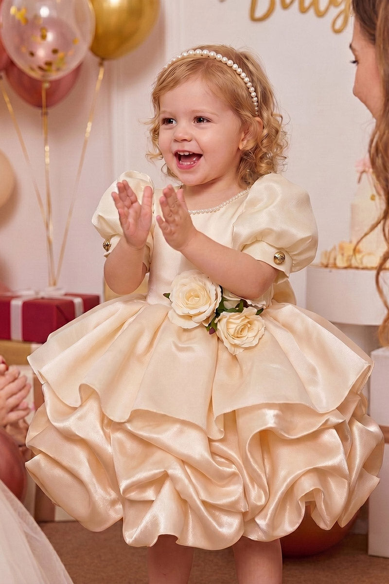 Girls Champagne Satin Puff Sleeve Mini Dress