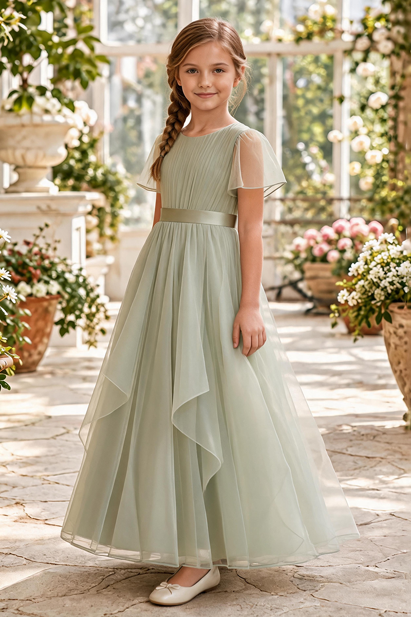 Girls Sage Pleated Tulle Floor-Length Gown with Sheer Flutter Sleeves