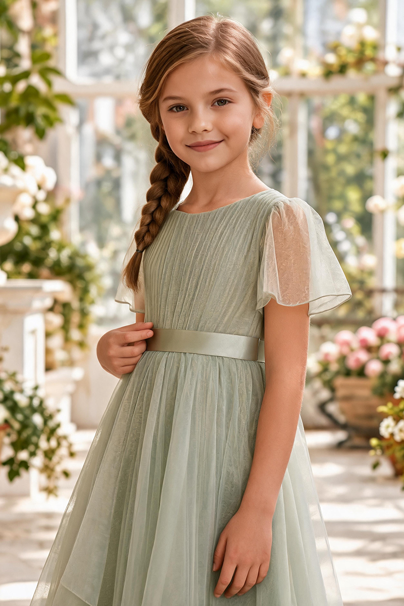 Girls Sage Pleated Tulle Floor-Length Gown with Sheer Flutter Sleeves