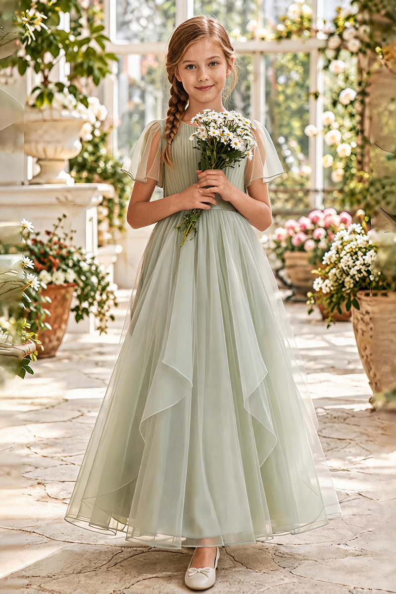 Girls Sage Pleated Tulle Floor-Length Gown with Sheer Flutter Sleeves