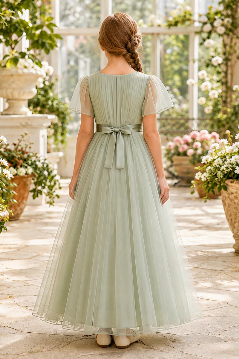 Girls Sage Pleated Tulle Floor-Length Gown with Sheer Flutter Sleeves