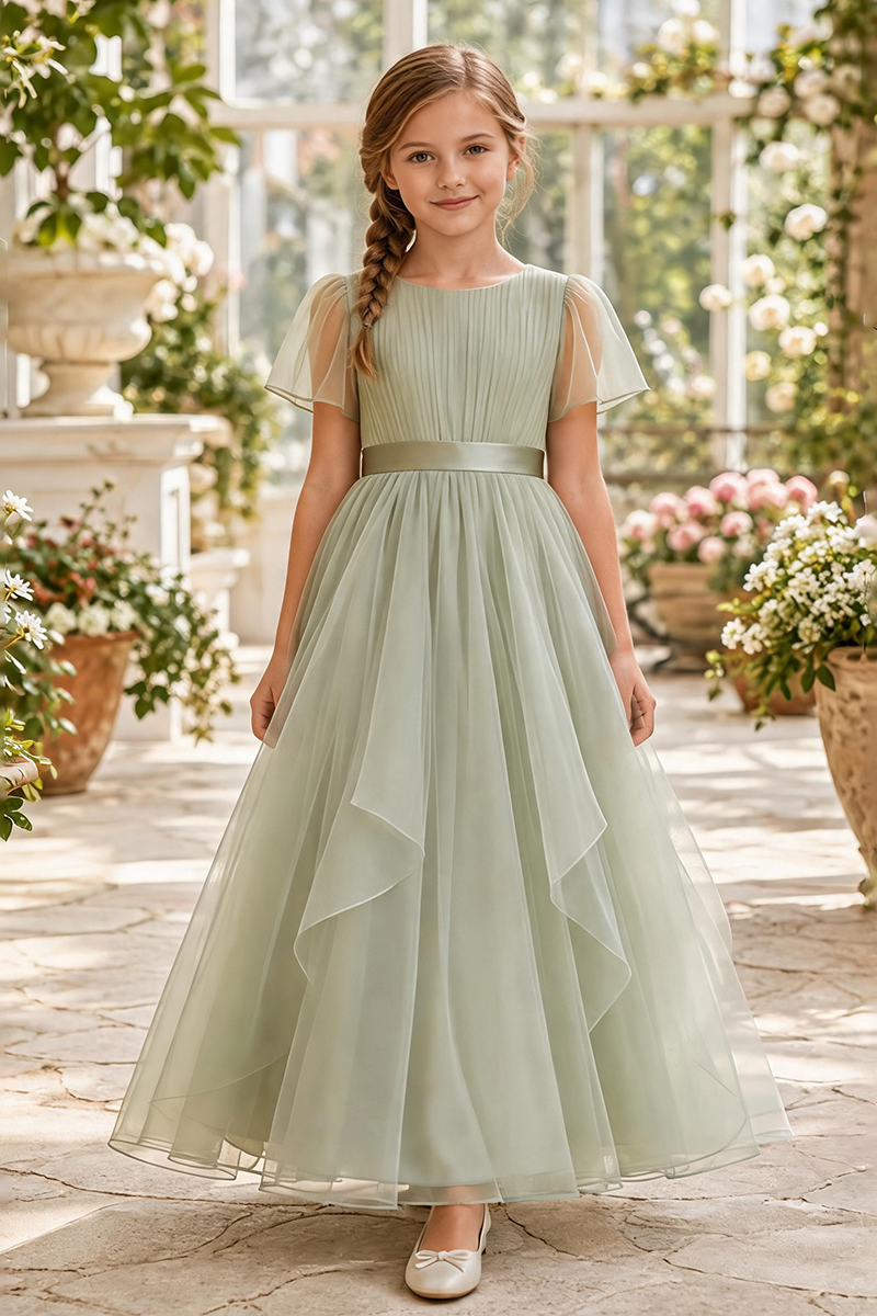 Girls Sage Pleated Tulle Floor-Length Gown with Sheer Flutter Sleeves