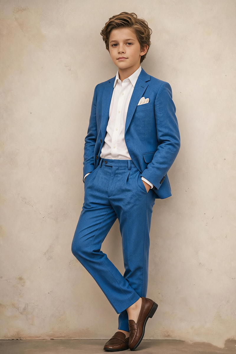 Boys Bright Blue Linen Notch Lapel 2-Piece Suit