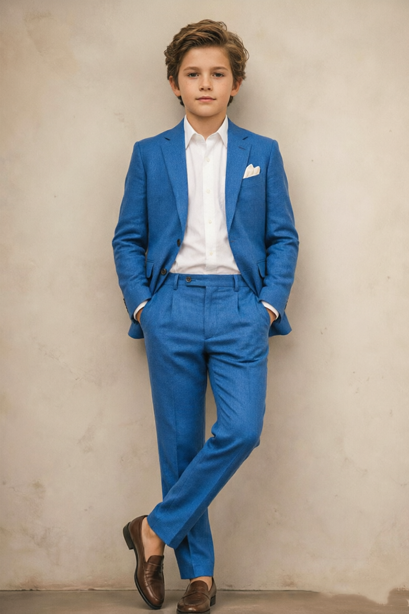 Boys Bright Blue Linen Notch Lapel 2-Piece Suit
