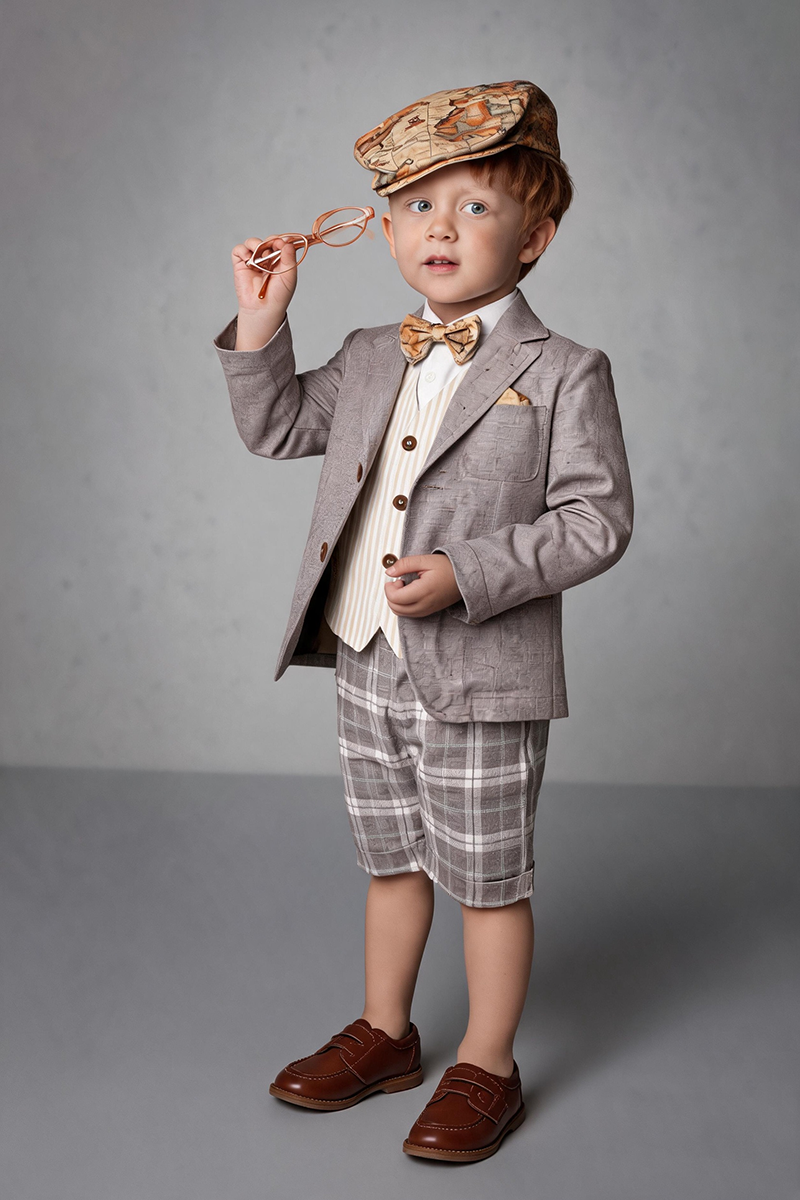 Boys Grey Notch Lapel Blazer & Plaid Shorts 2-Piece Suit