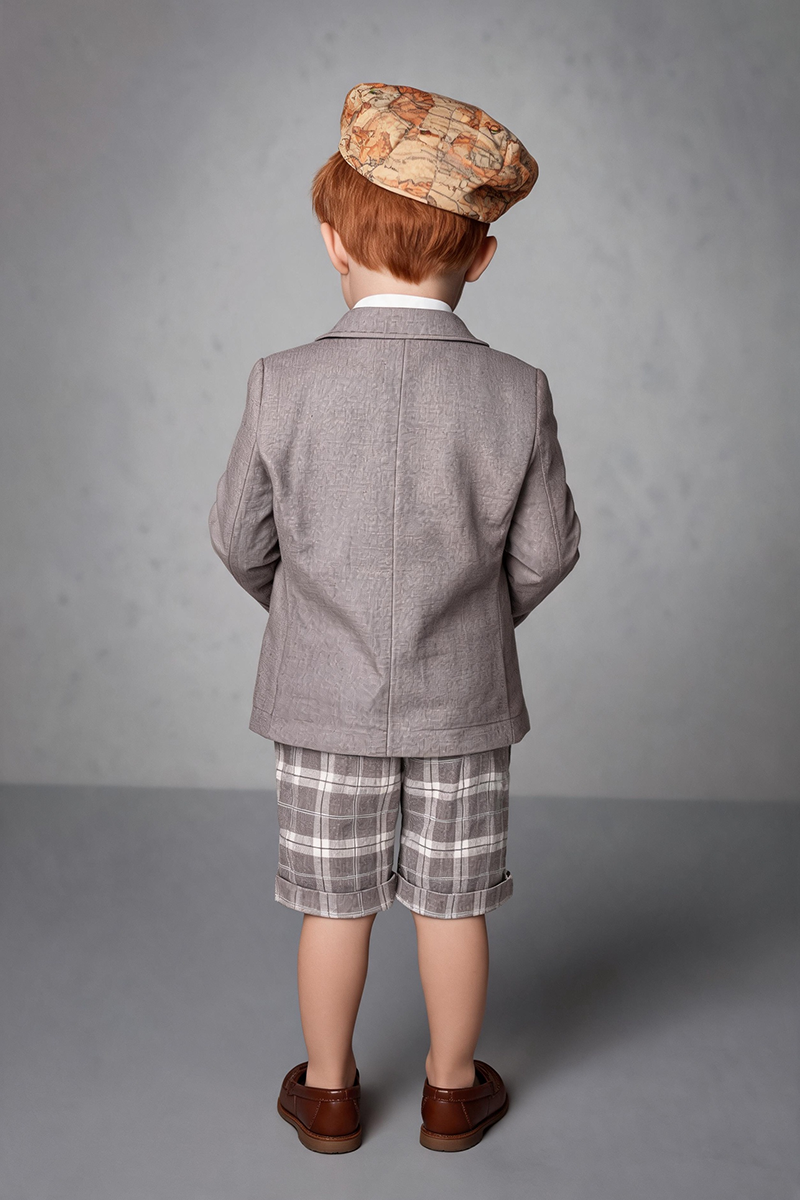 Boys Grey Notch Lapel Blazer & Plaid Shorts 2-Piece Suit