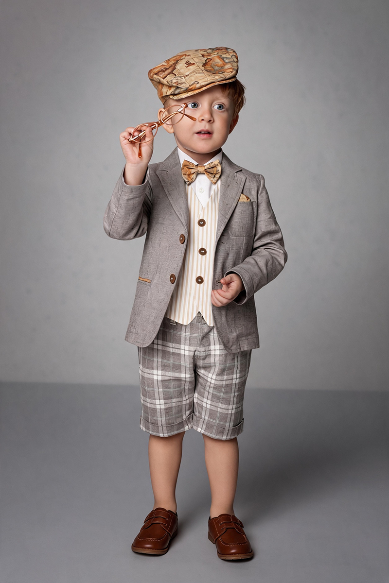 Boys Grey Notch Lapel Blazer & Plaid Shorts 2-Piece Suit