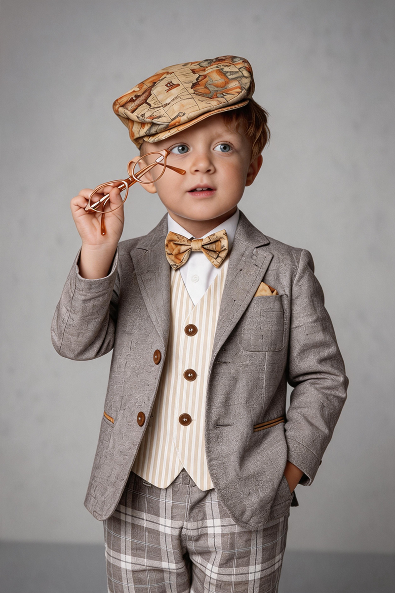Boys Grey Notch Lapel Blazer & Plaid Shorts 2-Piece Suit