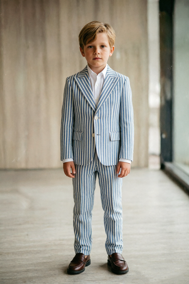 Boys Blue White Vertical Stripe Notch Lape2-Piece Suit