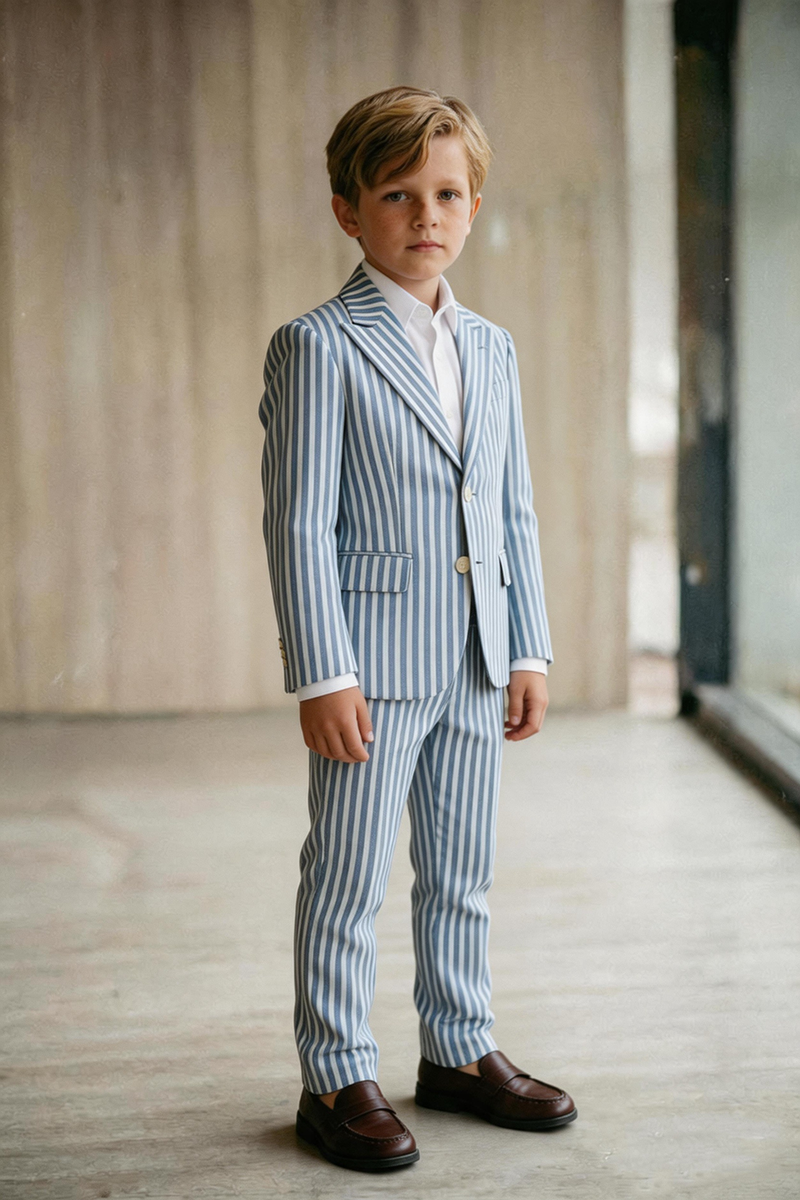 Boys Blue White Vertical Stripe Notch Lape2-Piece Suit
