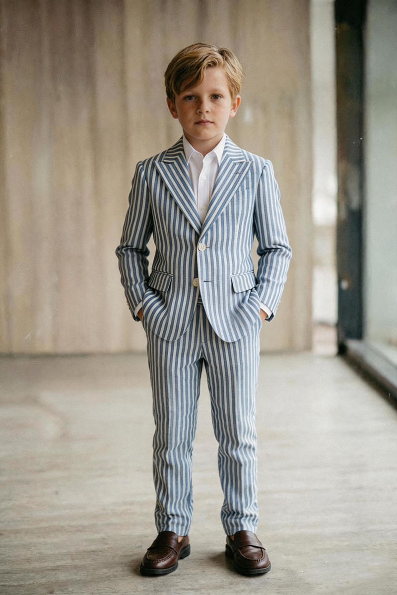 Boys Blue White Vertical Stripe Notch Lape2-Piece Suit