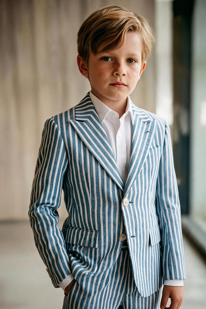 Boys Blue White Vertical Stripe Notch Lape2-Piece Suit
