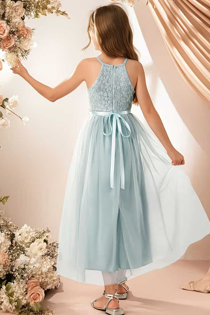 Halter Neck Chiffon Lace Mesh A-Line Dress