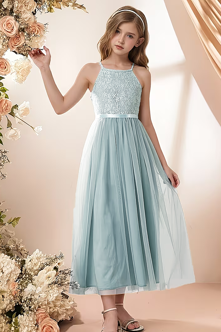 Halter Neck Chiffon Lace Mesh A-Line Dress