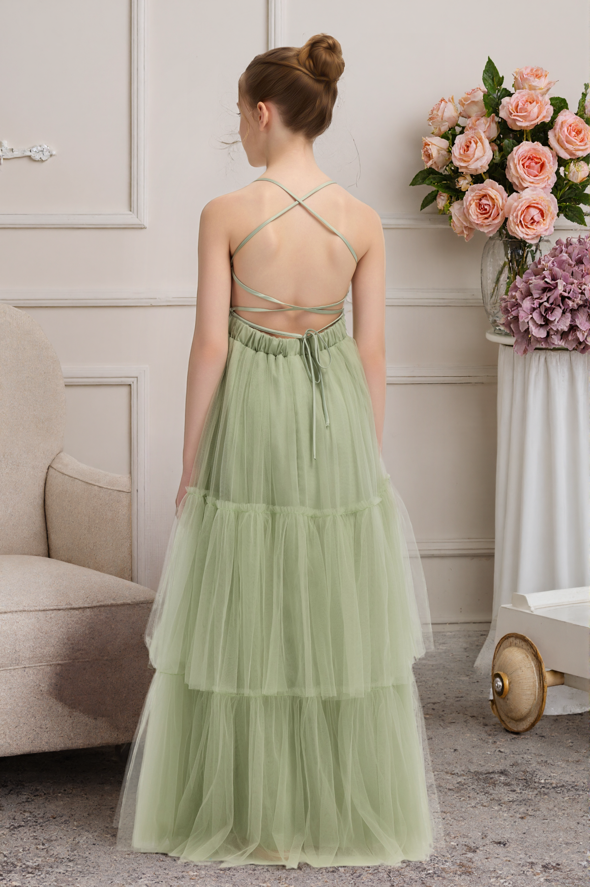 Sage Green Satin Tulle Crisscross Lace-Up Back Long A-Line Dress