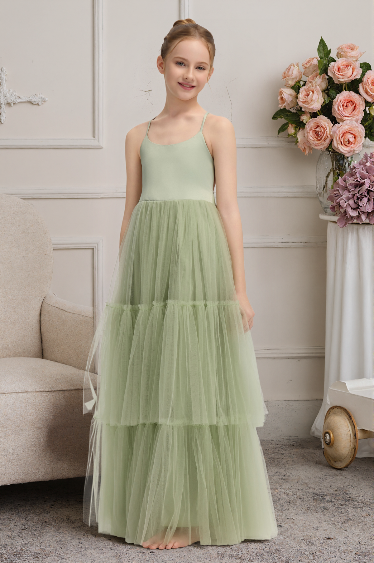 Sage Green Satin Tulle Crisscross Lace-Up Back Long A-Line Dress