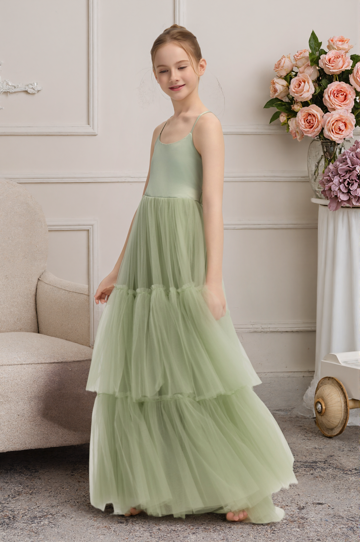Sage Green Satin Tulle Crisscross Lace-Up Back Long A-Line Dress