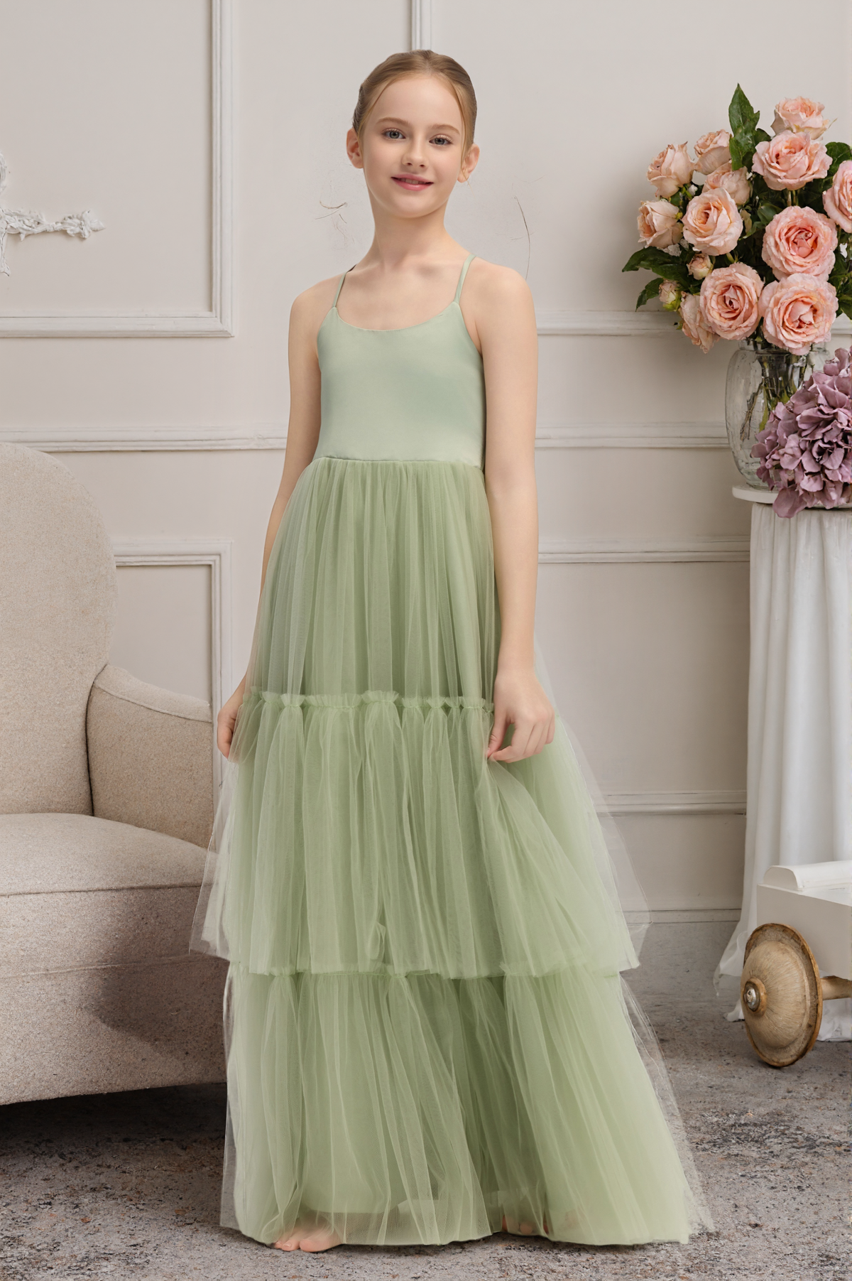 Sage Green Satin Tulle Crisscross Lace-Up Back Long A-Line Dress