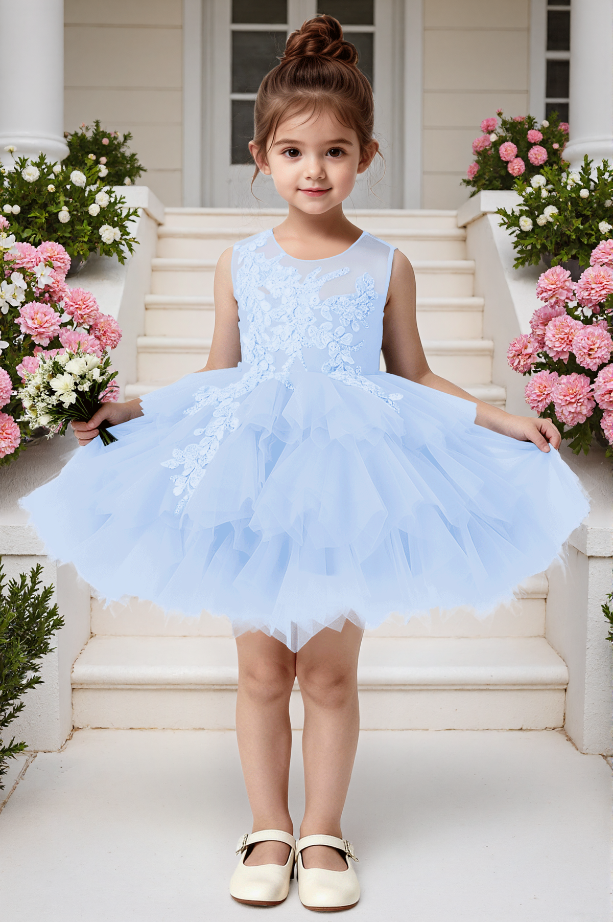 Blue Lace Satin Tulle A-Line Big Back Bow Party Dress