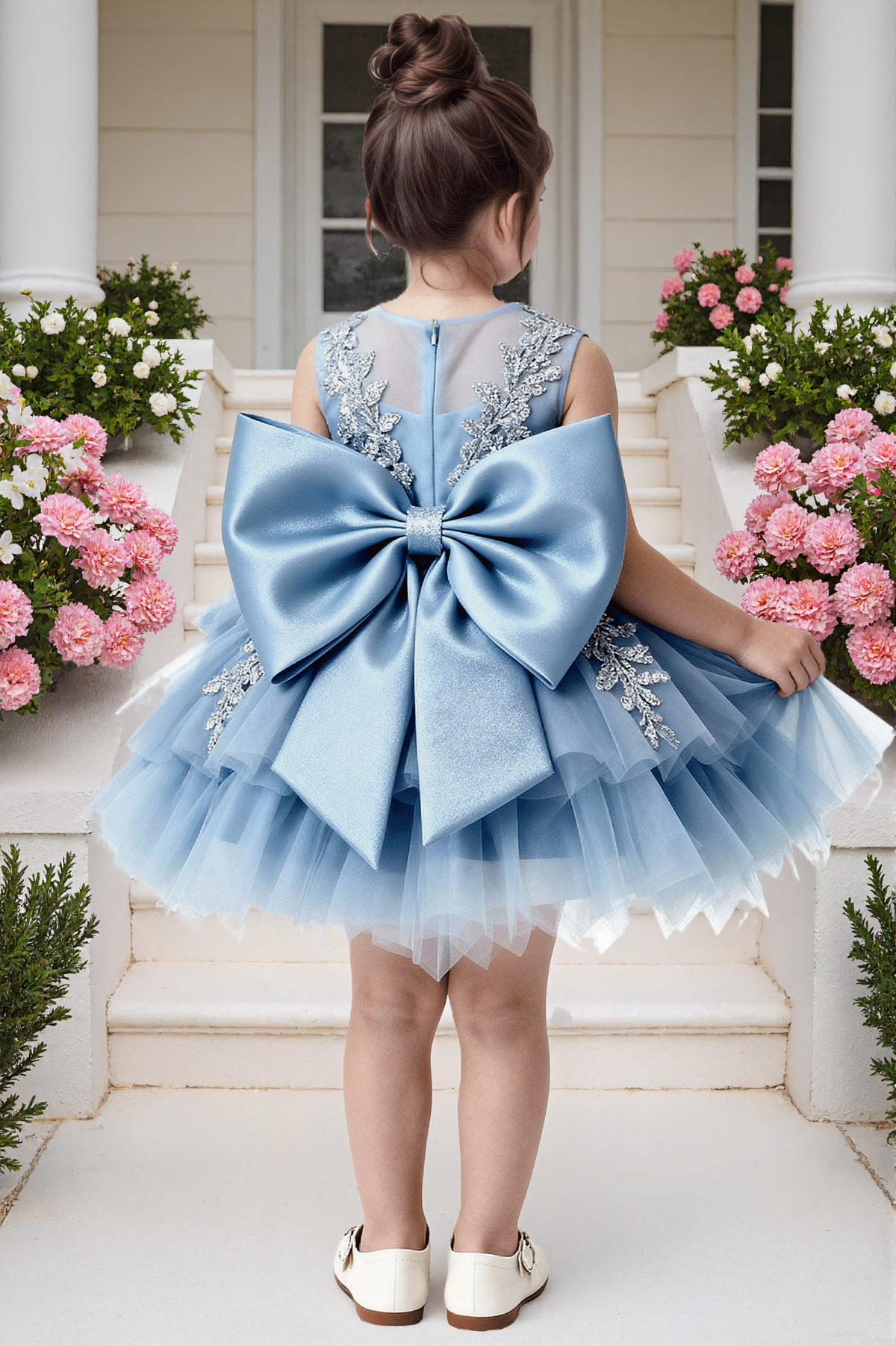 Blue Lace Satin Tulle A-Line Big Back Bow Party Dress