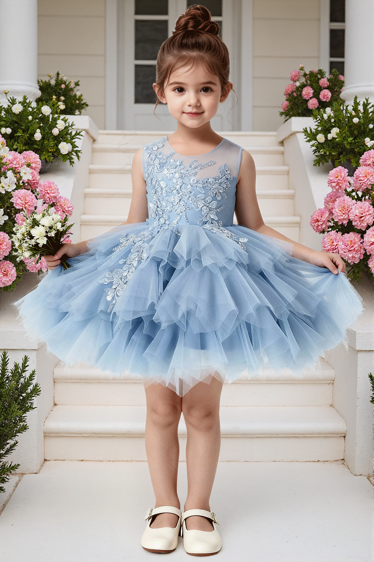 Blue Lace Satin Tulle A-Line Big Back Bow Party Dress