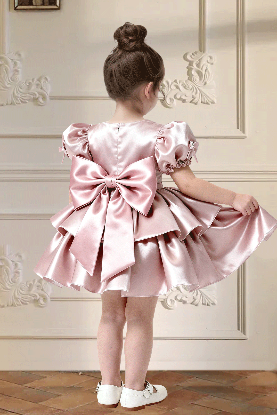 Pink Satin Tiered Cake Dress Puff Sleeve Big Back Bow Princess Dress