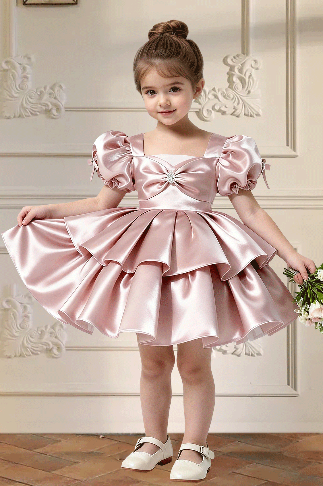 Pink Satin Tiered Cake Dress Puff Sleeve Big Back Bow Princess Dress
