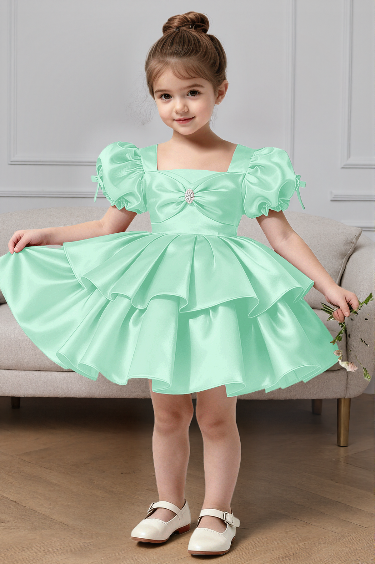 Pink Satin Tiered Cake Dress Puff Sleeve Big Back Bow Princess Dress