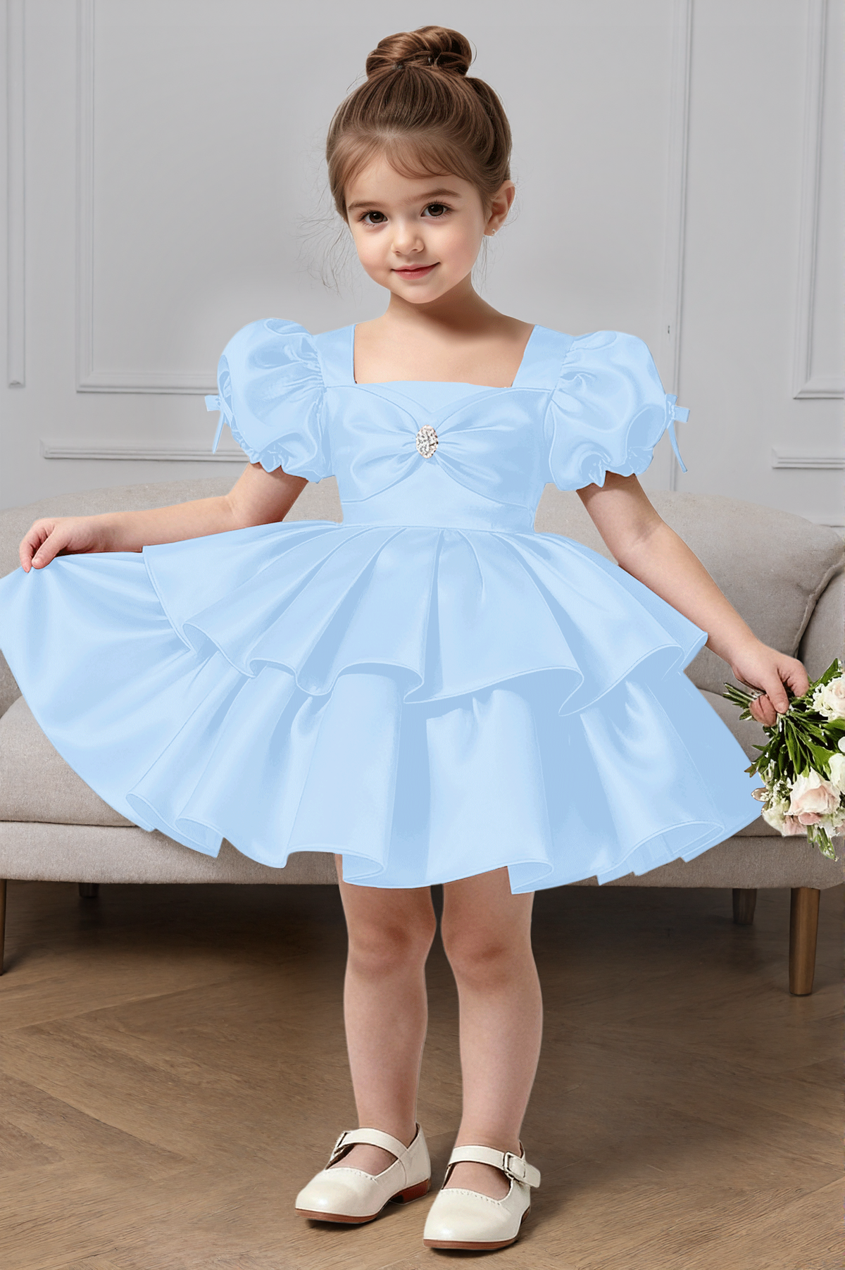 Pink Satin Tiered Cake Dress Puff Sleeve Big Back Bow Princess Dress