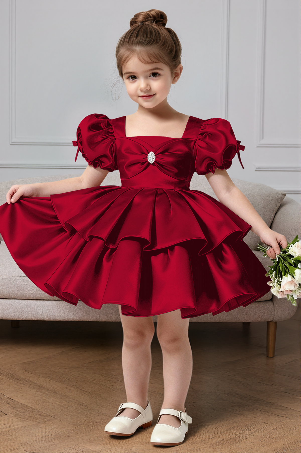 Pink Satin Tiered Cake Dress Puff Sleeve Big Back Bow Princess Dress