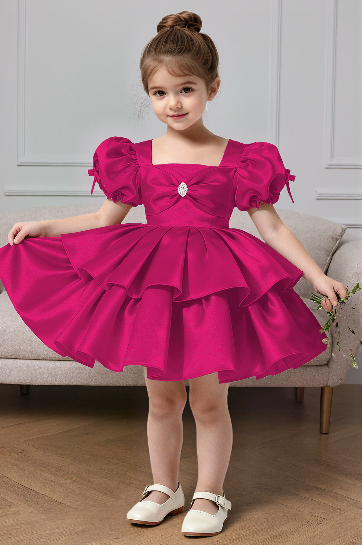 Pink Satin Tiered Cake Dress Puff Sleeve Big Back Bow Princess Dress