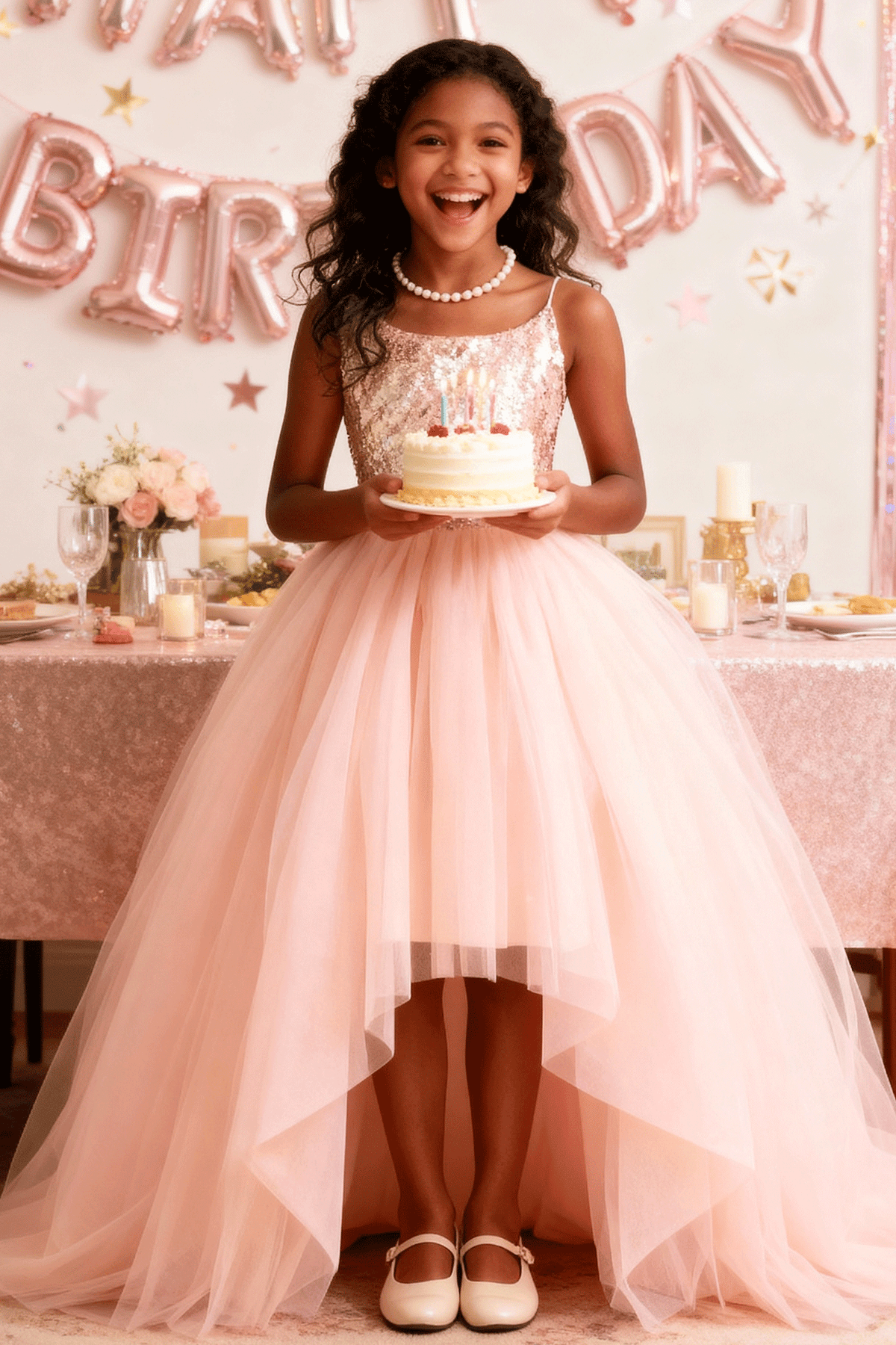 Champagne Sequin Spaghetti Strap Tulle Big Satin Back Bow A-Line Dress
