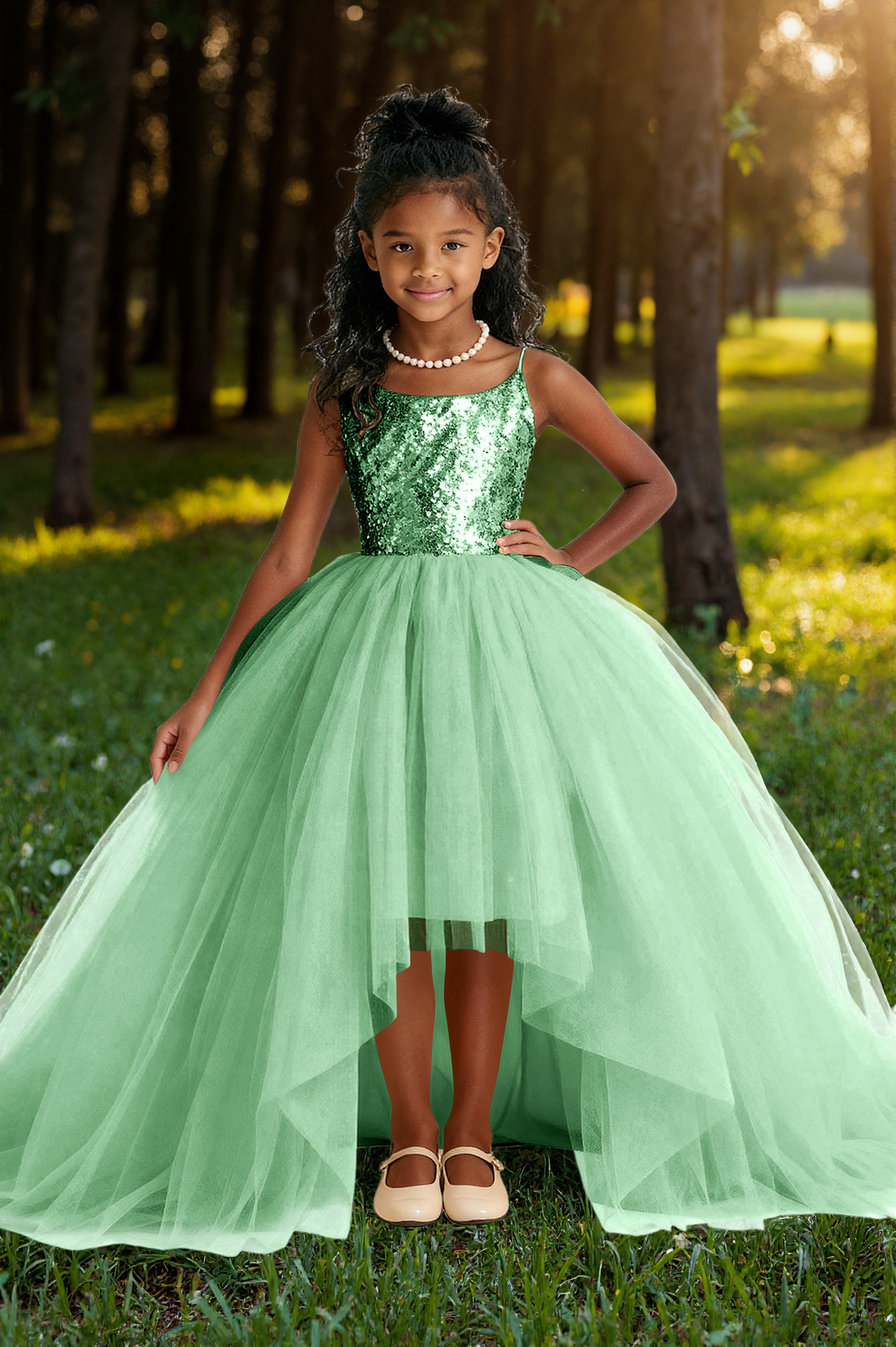 Champagne Sequin Spaghetti Strap Tulle Big Satin Back Bow A-Line Dress
