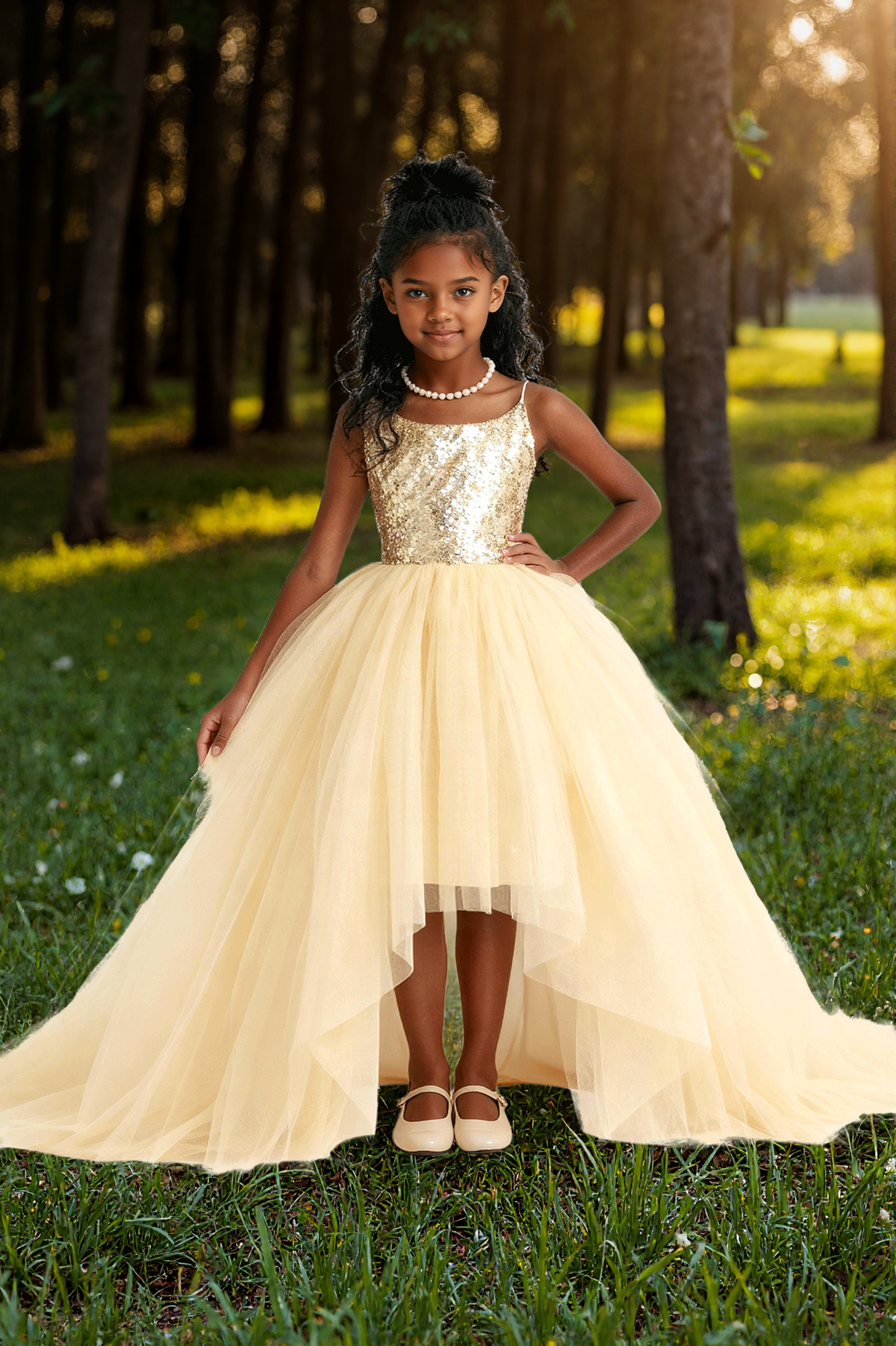 Champagne Sequin Spaghetti Strap Tulle Big Satin Back Bow A-Line Dress