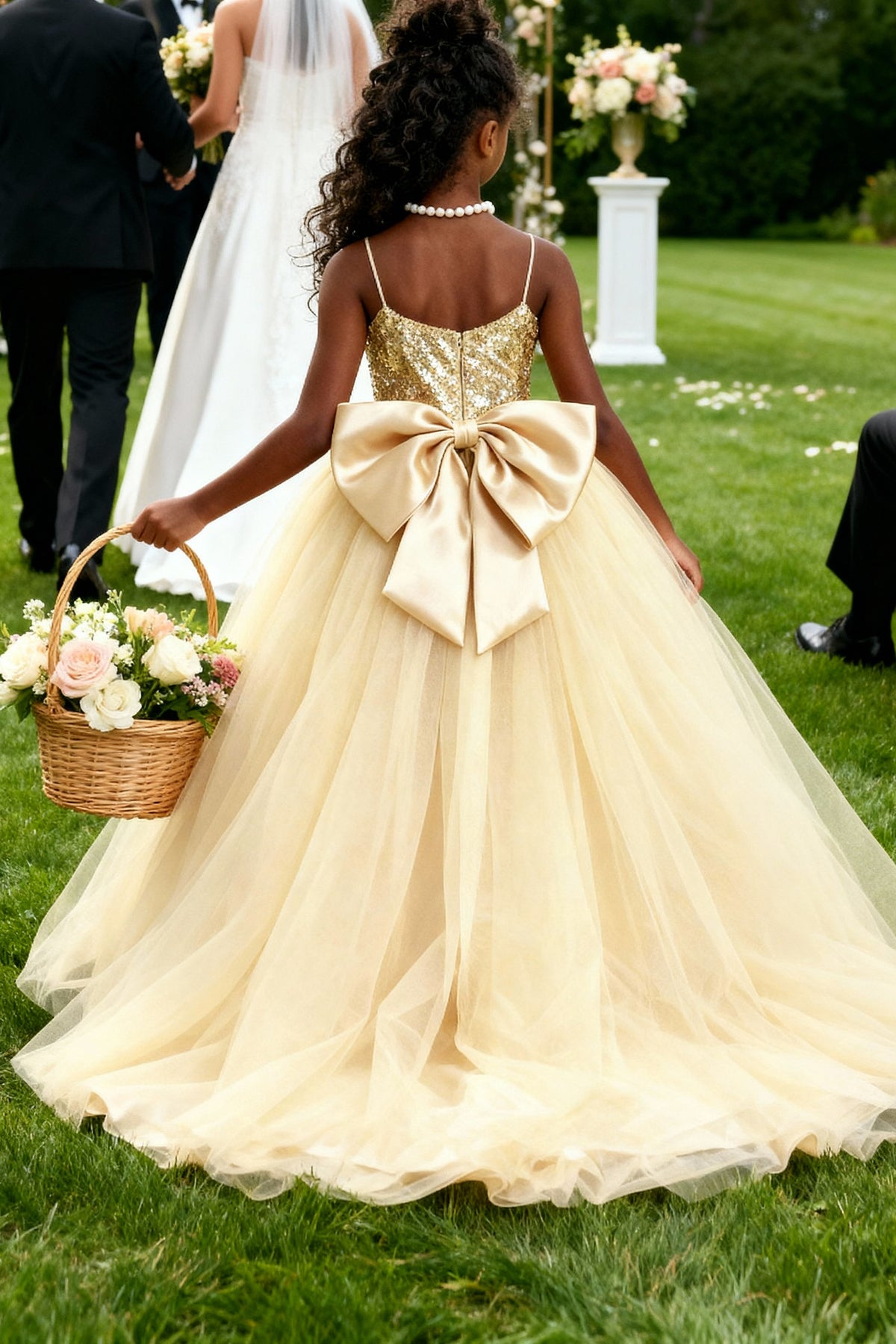 Champagne Sequin Spaghetti Strap Tulle Big Satin Back Bow A-Line Dress