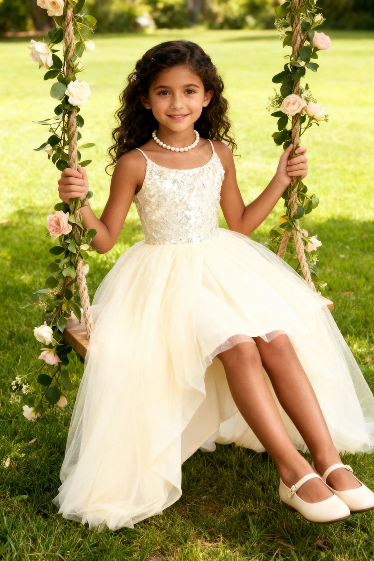 Champagne Sequin Spaghetti Strap Tulle Big Satin Back Bow A-Line Dress