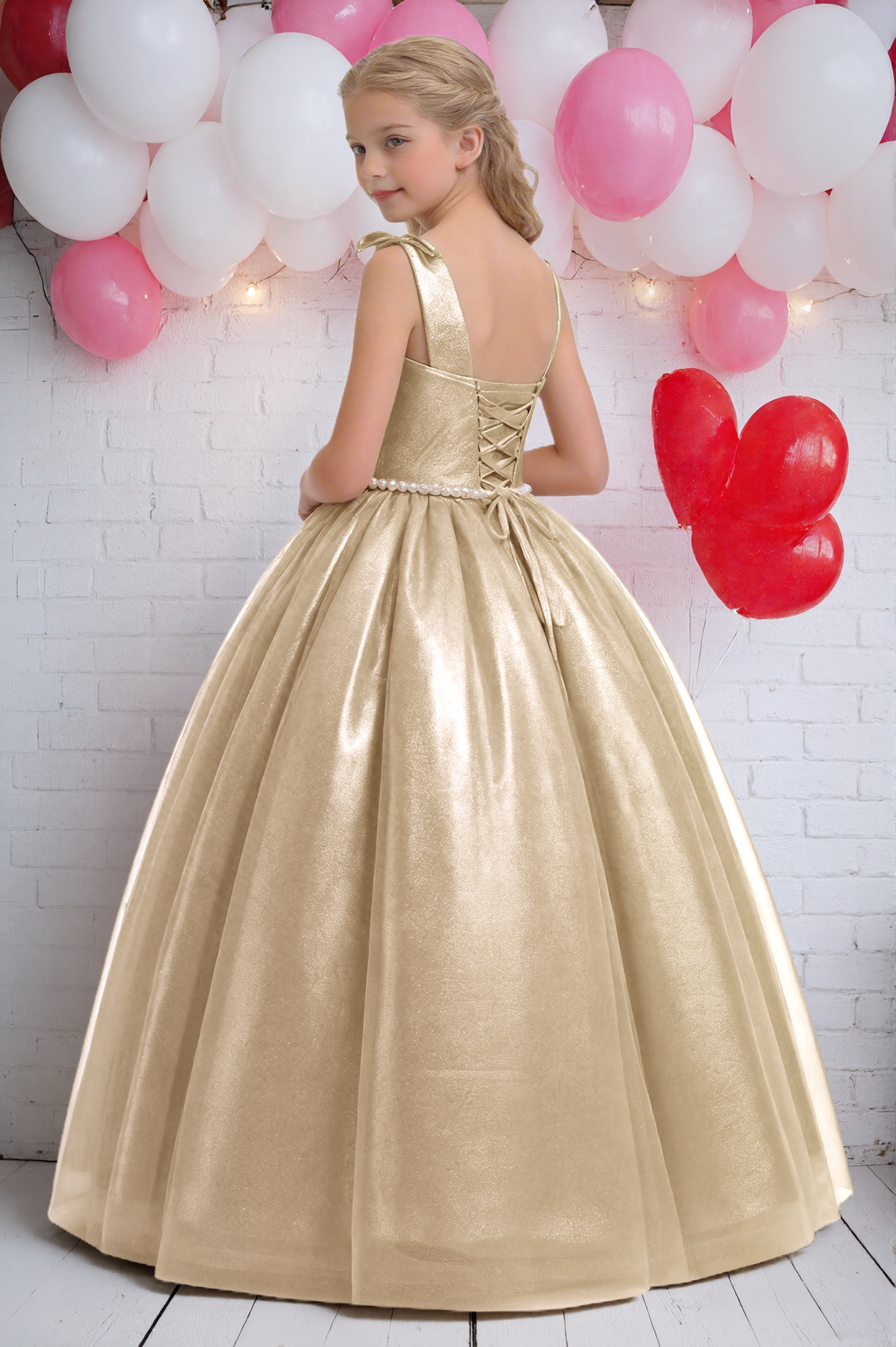 Champagne Metallic Satin One Shoulder Ball Gown Pearl Waist A-Line Dress