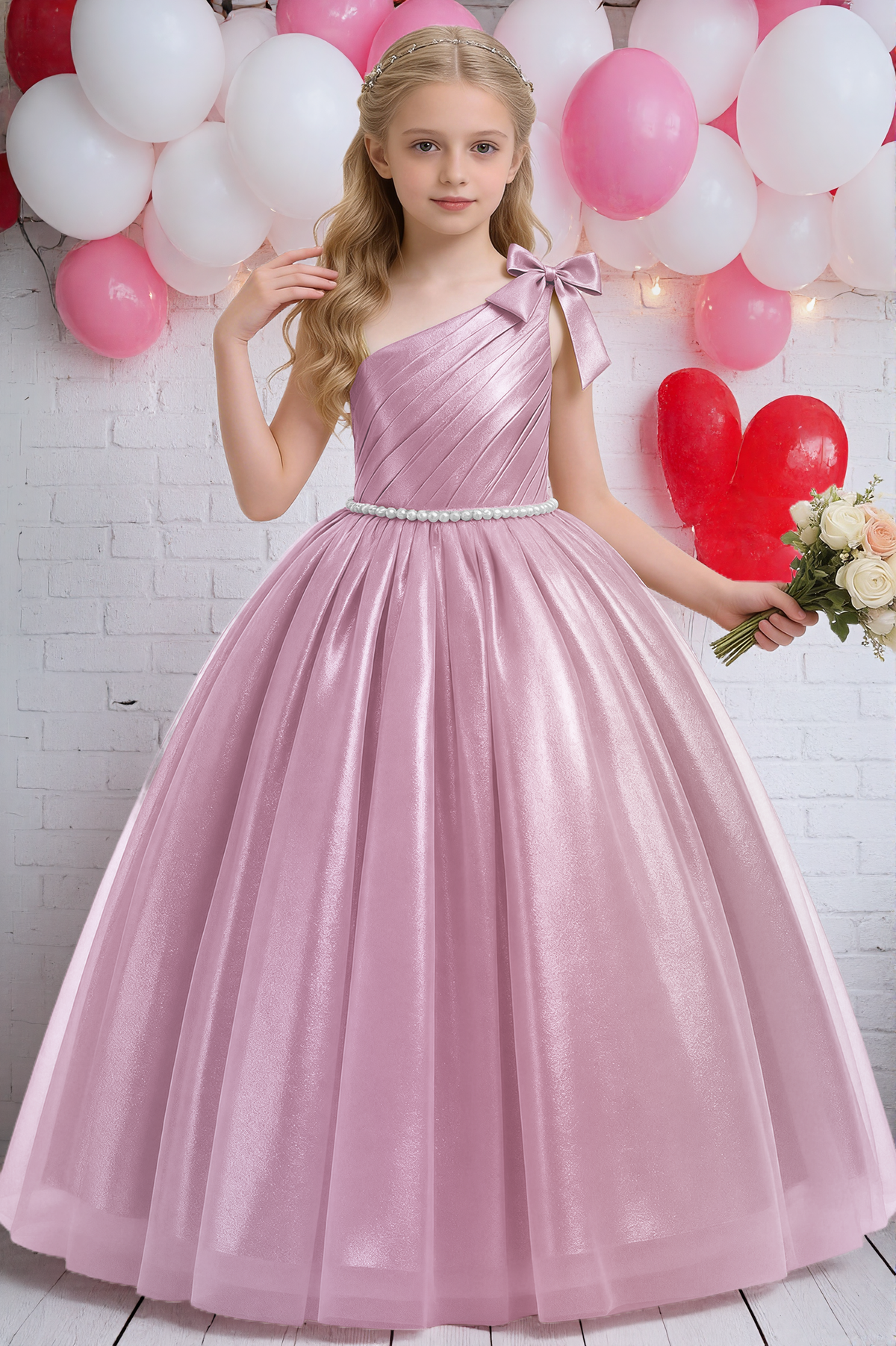 Champagne Metallic Satin One Shoulder Ball Gown Pearl Waist A-Line Dress
