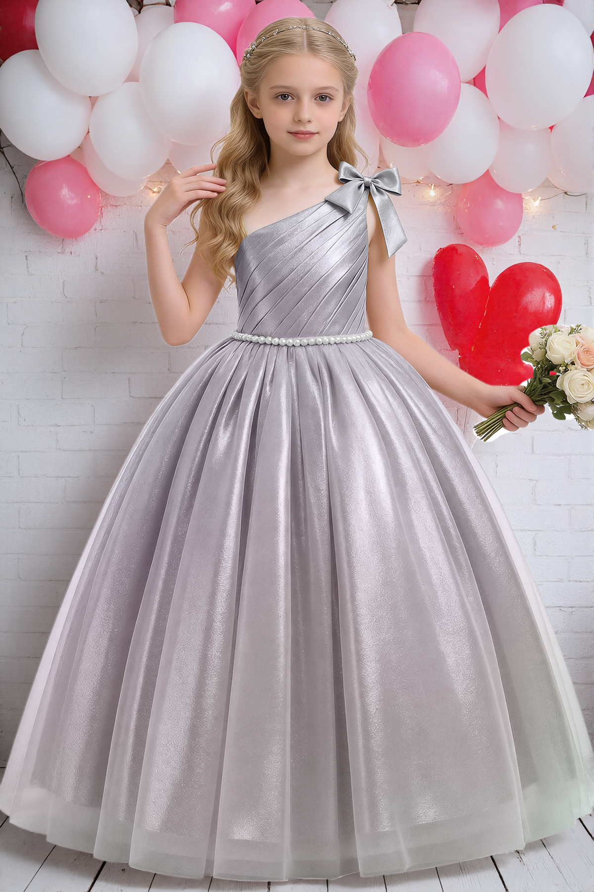 Champagne Metallic Satin One Shoulder Ball Gown Pearl Waist A-Line Dress