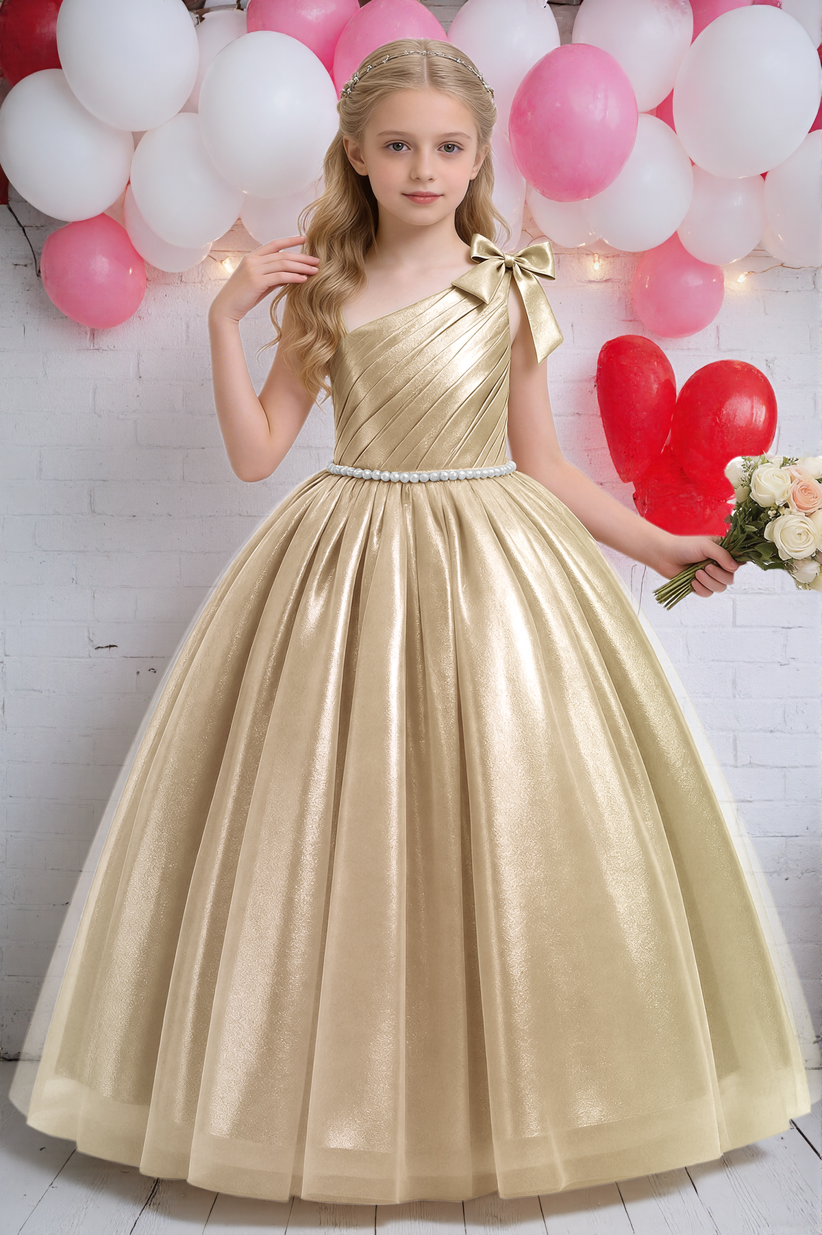 Champagne Metallic Satin One Shoulder Ball Gown Pearl Waist A-Line Dress