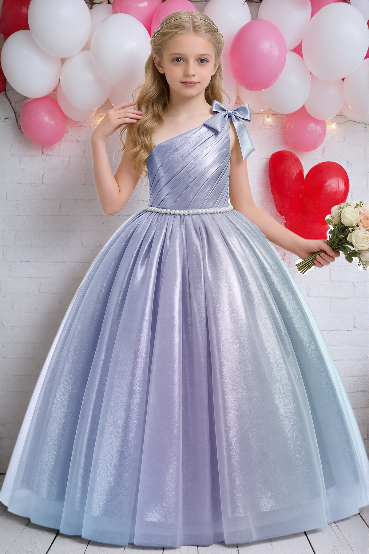 Champagne Metallic Satin One Shoulder Ball Gown Pearl Waist A-Line Dress