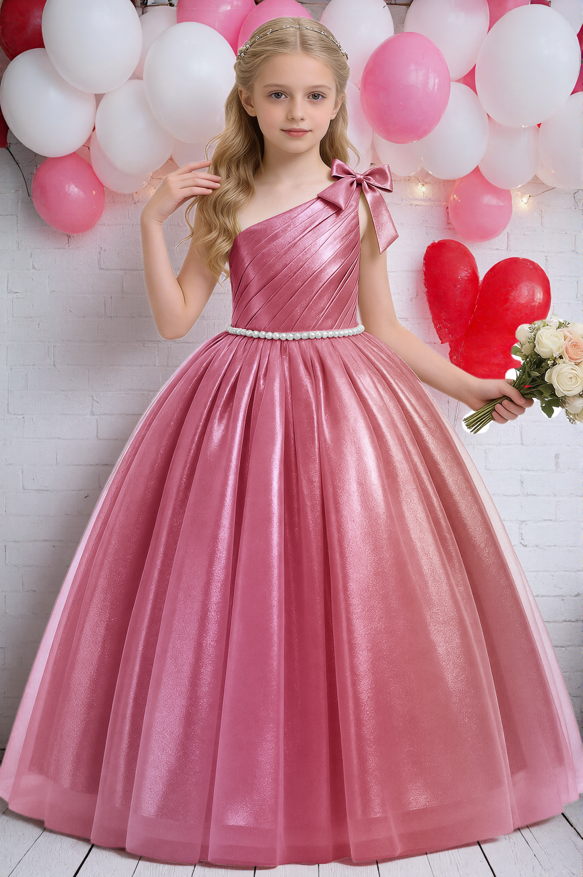 Champagne Metallic Satin One Shoulder Ball Gown Pearl Waist A-Line Dress