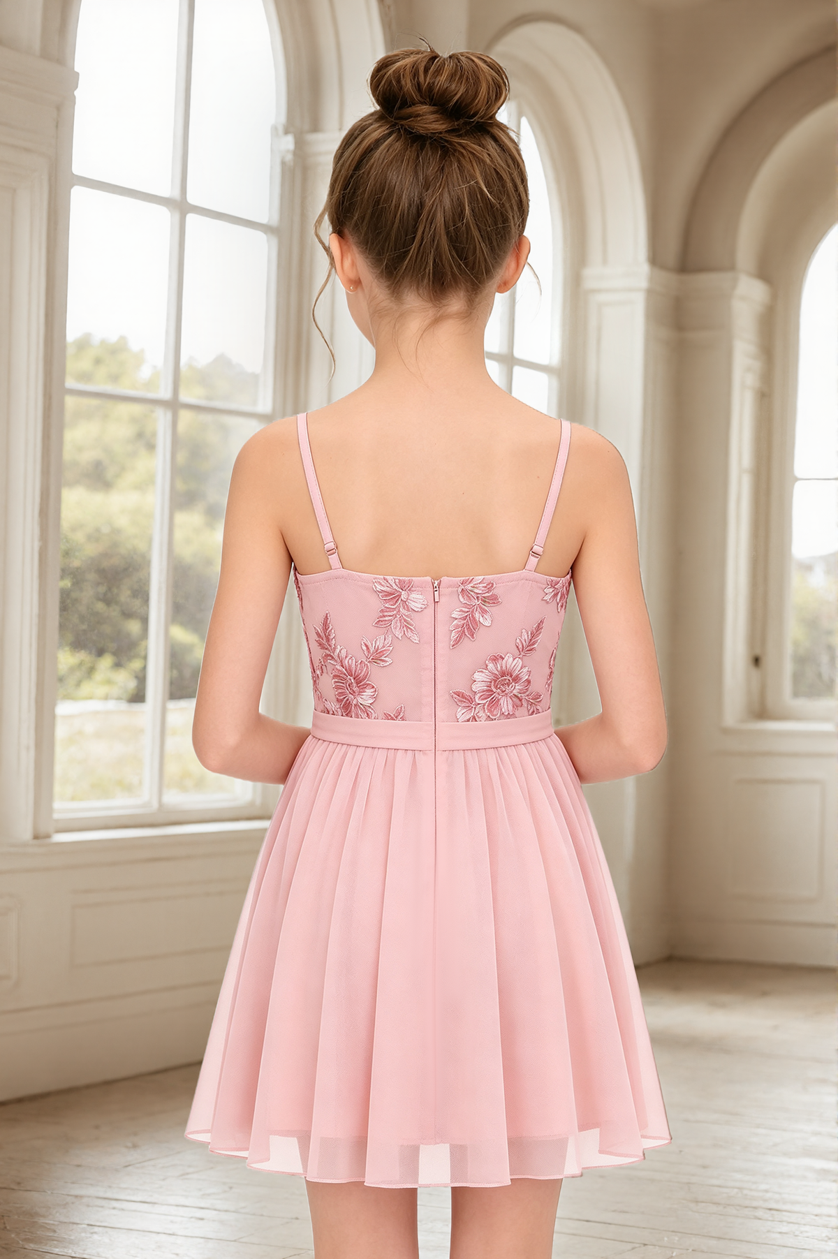 Pink Floral Lace Chiffon Spaghetti Strap A-Line Short Flower Girl Dress