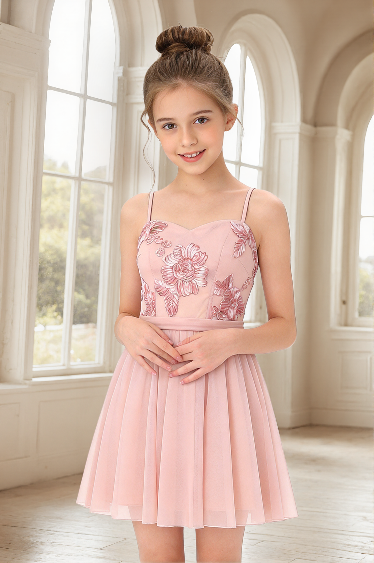 Pink Floral Lace Chiffon Spaghetti Strap A-Line Short Flower Girl Dress