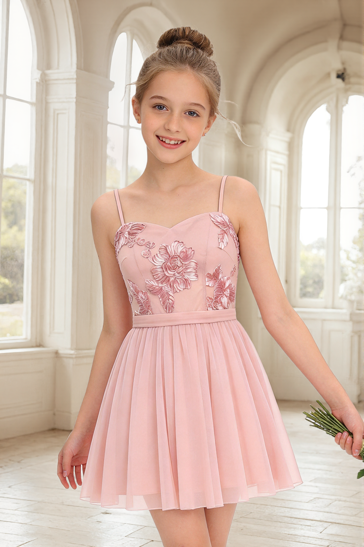 Pink Floral Lace Chiffon Spaghetti Strap A-Line Short Flower Girl Dress