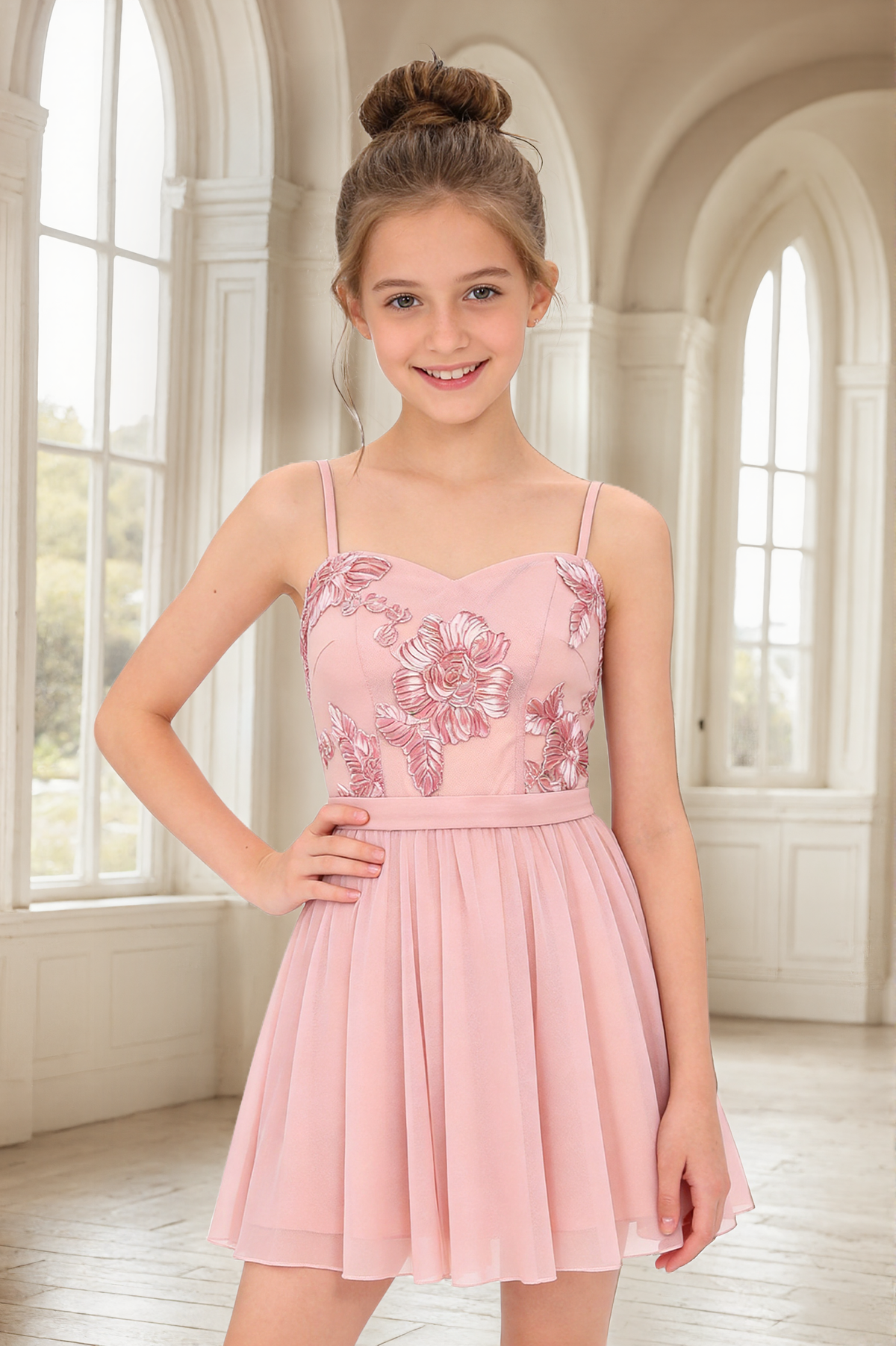 Pink Floral Lace Chiffon Spaghetti Strap A-Line Short Flower Girl Dress
