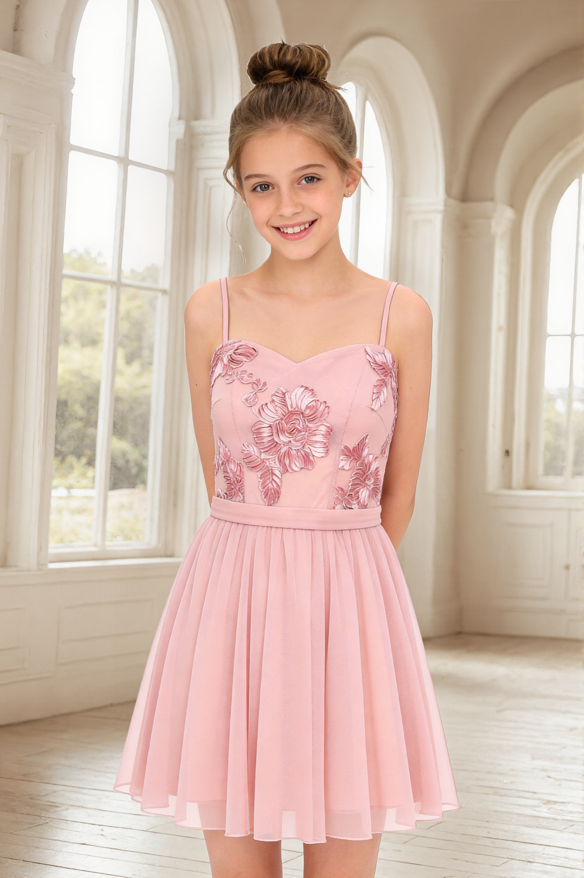 Pink Floral Lace Chiffon Spaghetti Strap A-Line Short Flower Girl Dress