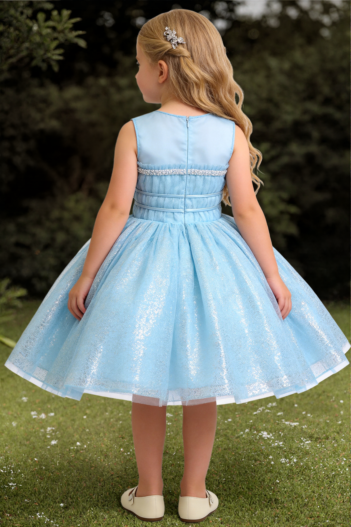 Sky Blue Glitter Tulle Rhinestone & Satin Bow A-Line Flower Girl Dress